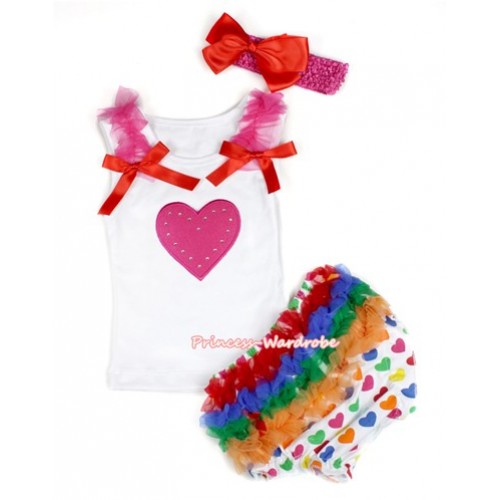 White Baby Pettitop & Hot Pink Ruffles & Red Bows & Hot Pink Heart Print with White Rainbow Heart Bloomers with Hot Pink Headband Red Silk Bow LD237 